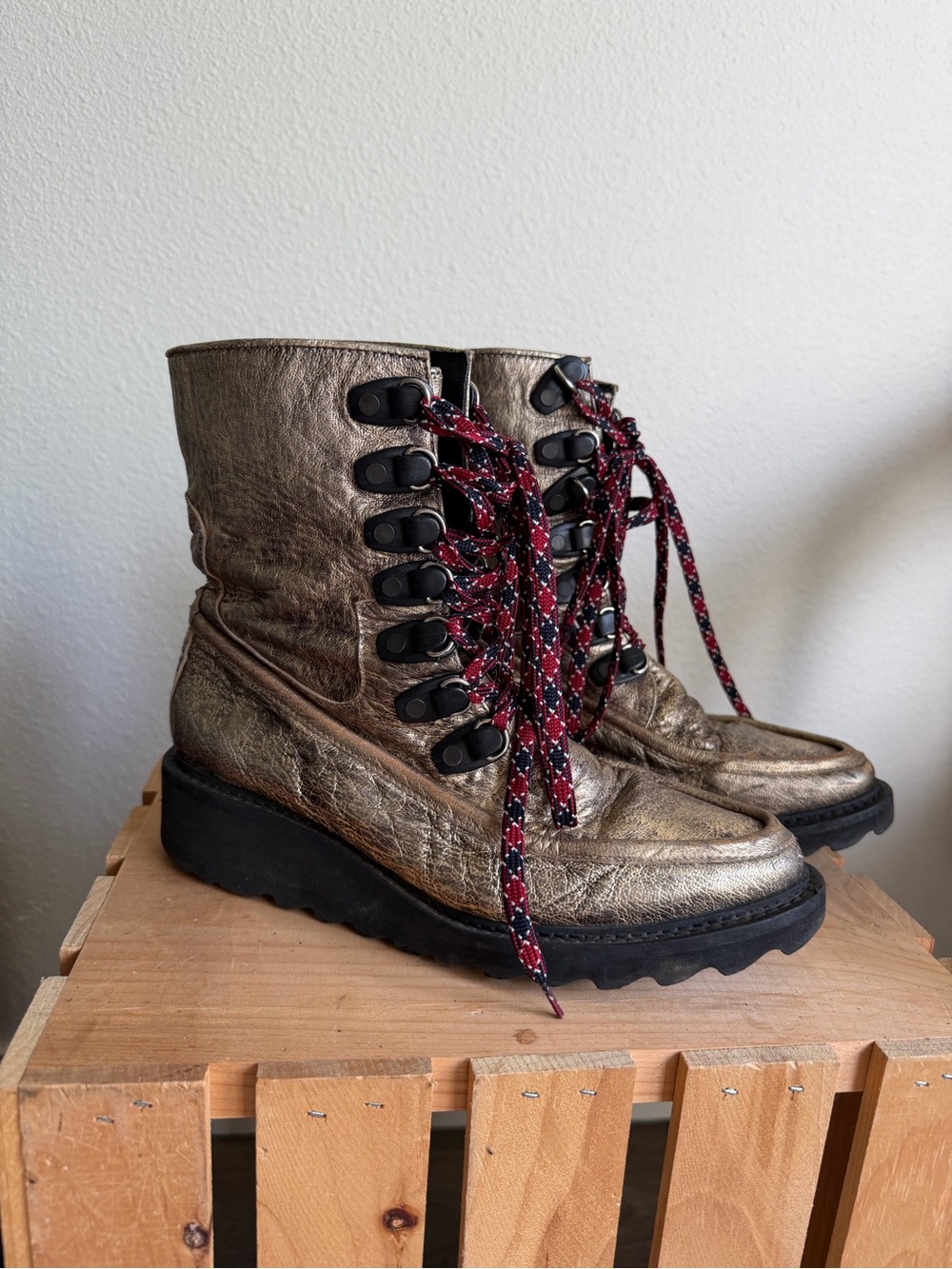 Free People Metallic Bronze Lace-Up Platform Ankle Boots with Patterned Laces